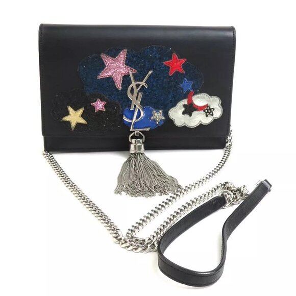 Auth SAINT LAURENT Chain Wallet Crossbody Bag Black/Multicolor Leather